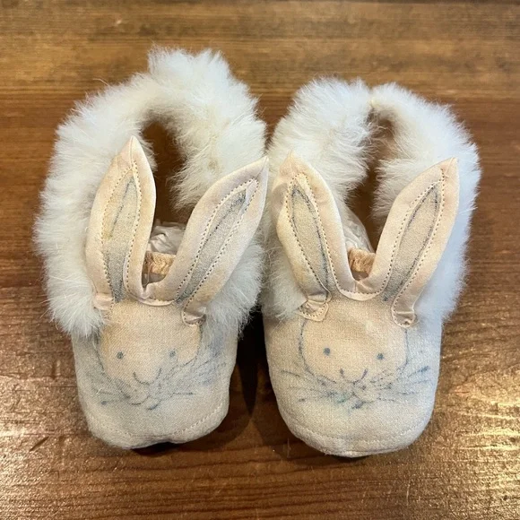 Vintage Baby Newborn Girl's Girls Crib Shoes Booties Rabbit Ears Rabbit Fur Pink - Picture 1 of 7
